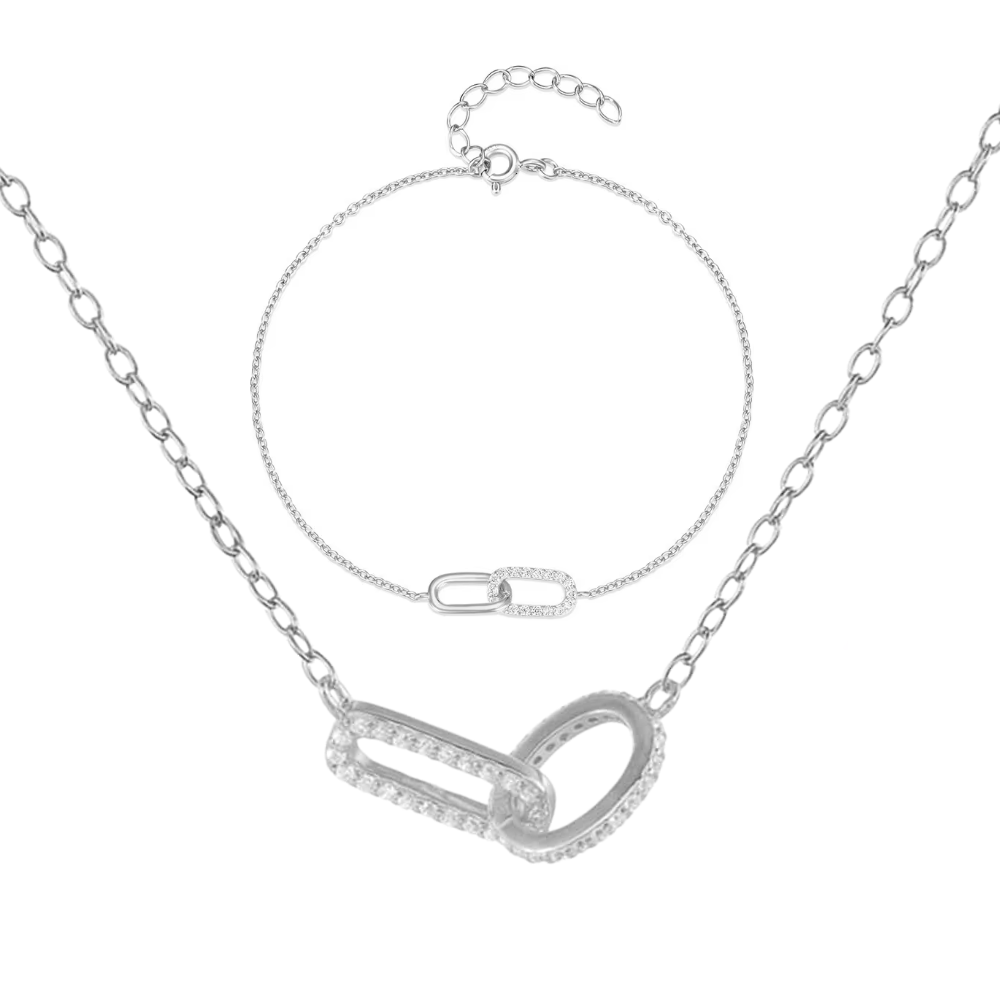Pavé Oval Link Necklace and Bracelet Set in Silver color Displayed over a white background