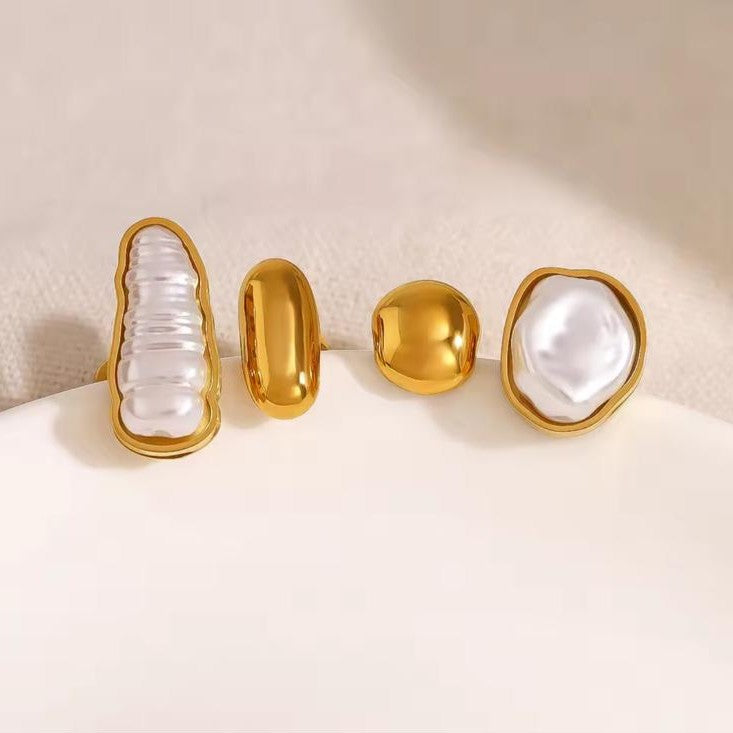 18K Gold-Plated Stainless Steel Adjustable Pearl Ring – Long & Circular Designs