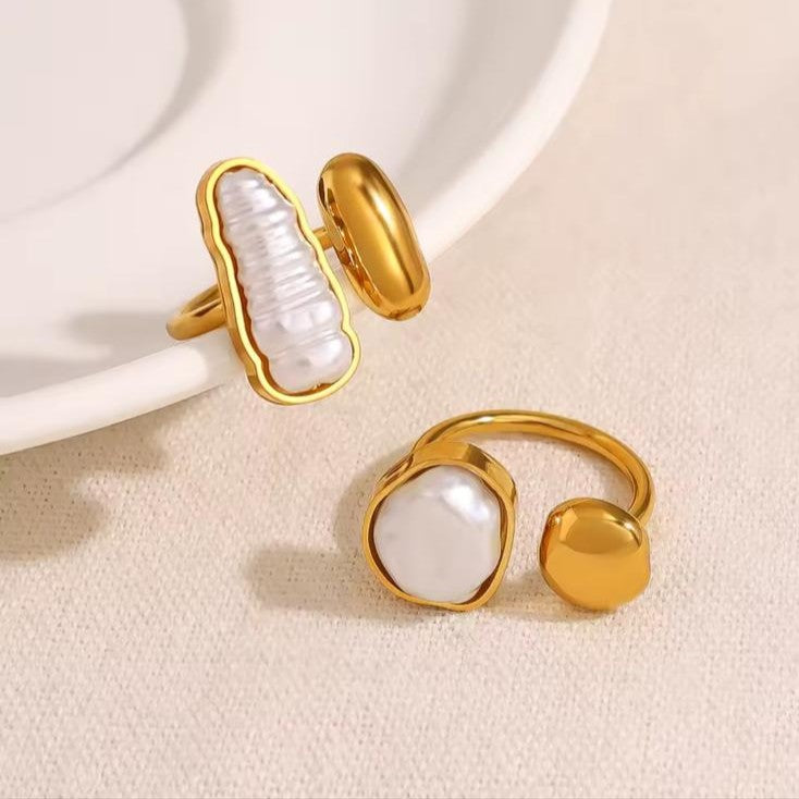 18K Gold-Plated Stainless Steel Adjustable Pearl Ring – Long & Circular Designs