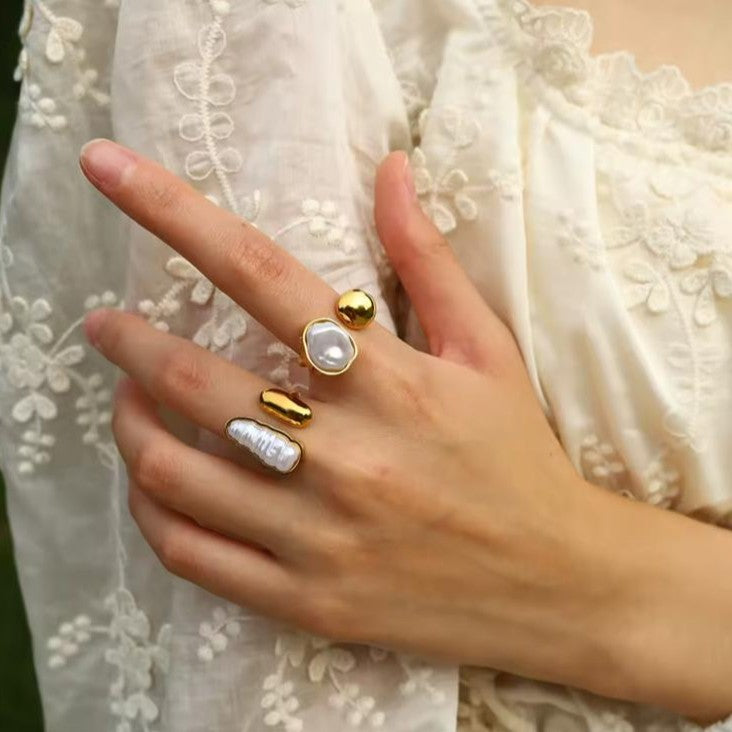 18K Gold-Plated Stainless Steel Adjustable Pearl Ring – Long & Circular Designs