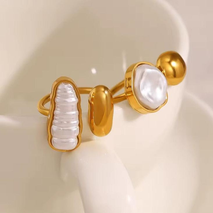 18K Gold-Plated Stainless Steel Adjustable Pearl Ring – Long & Circular Designs