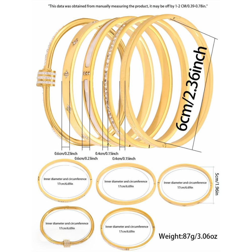 Set of 5 Stacker Bangles Stainless Steel Gold details showing measurements and weight