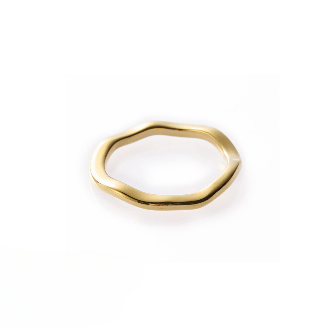 A gold-colored sleek wave band ring with a polished finish on a white background.