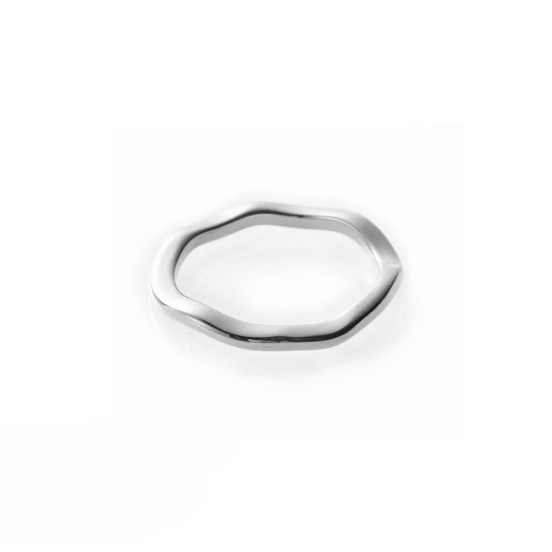 A sleek wave band ring made of stainless steel with a polished finish, displayed on a white background.