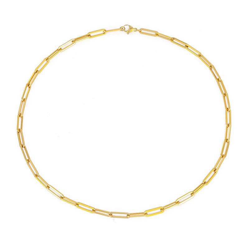 A sleek paperclip chain necklace in gold tone, crafted from 925 sterling silver, displayed against a white background.