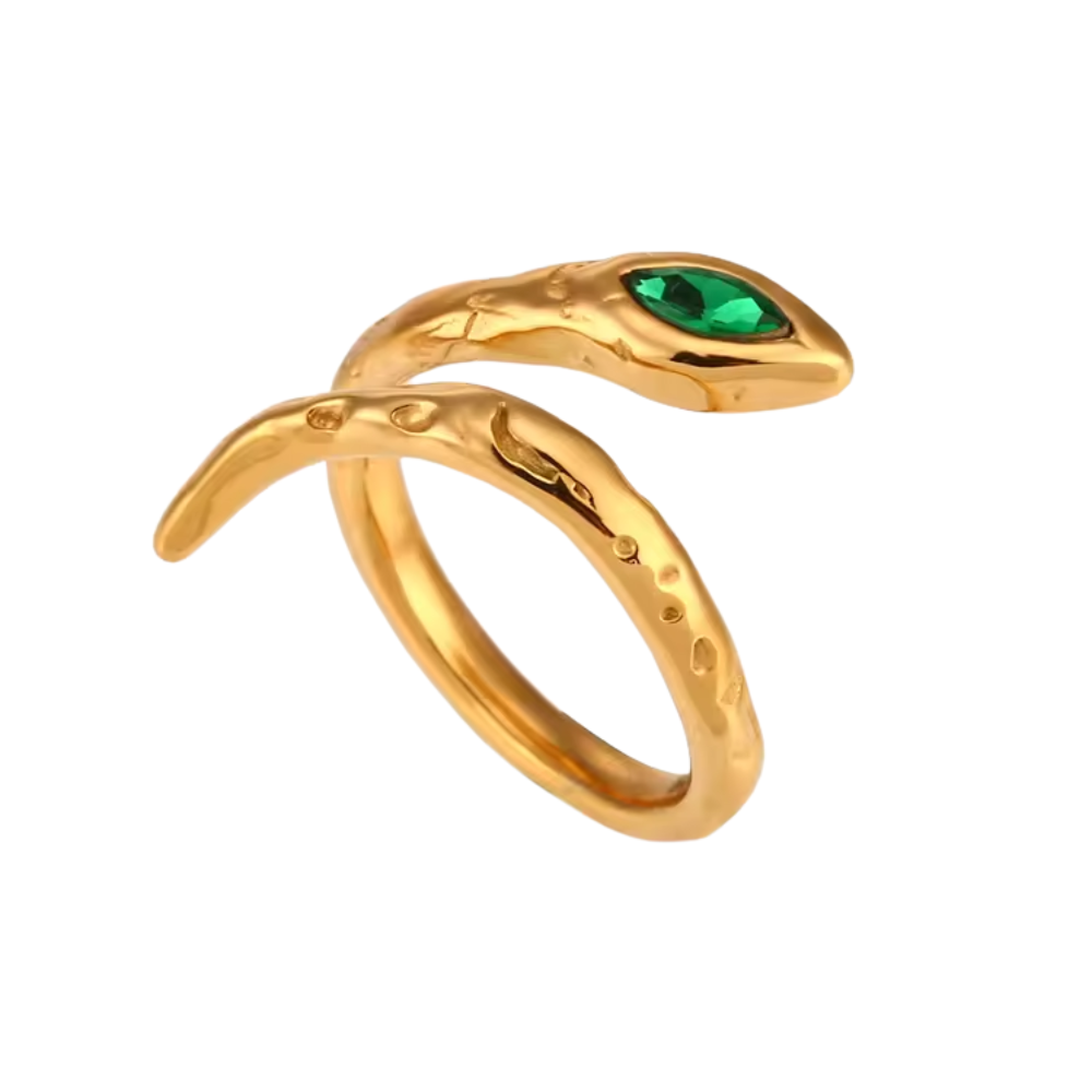 Snake Eye Ring in Stainless Steel – Green & Clear (Adjustable)