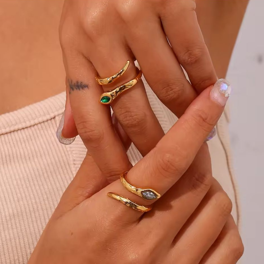 Snake Eye Ring in Stainless Steel – Green & Clear (Adjustable)