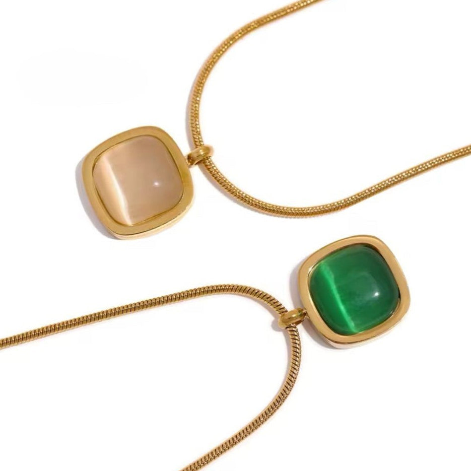 A square green opal stone pendant attached to a gold-plated stainless steel chain, with the chain's length adjustable.