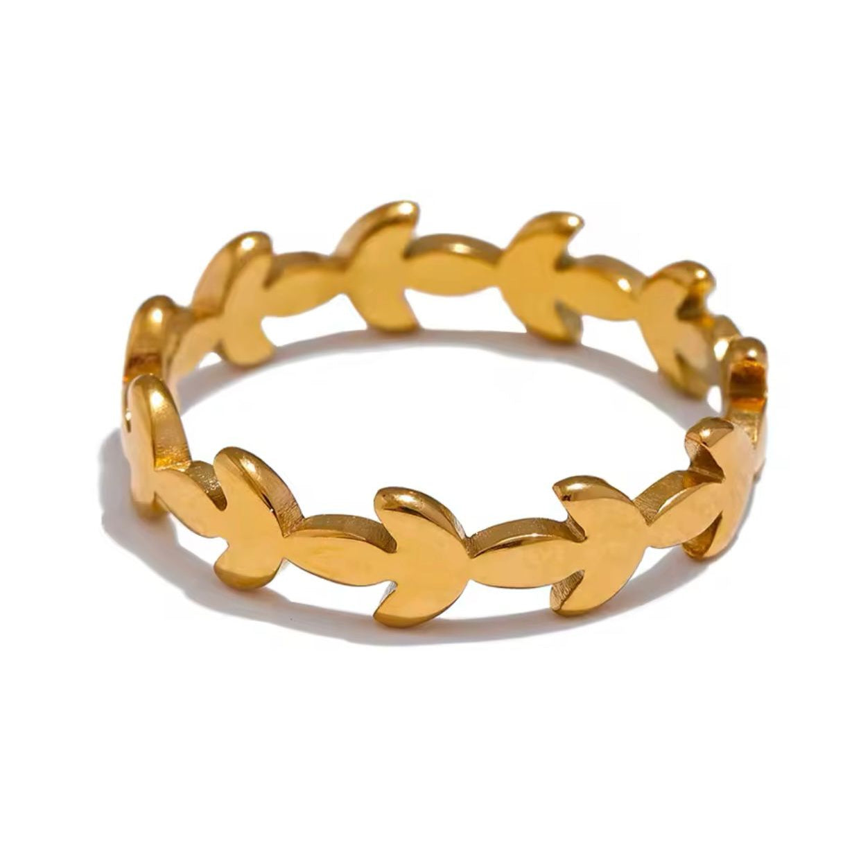 A gold-colored stainless steel ring with a leafy embrace design.