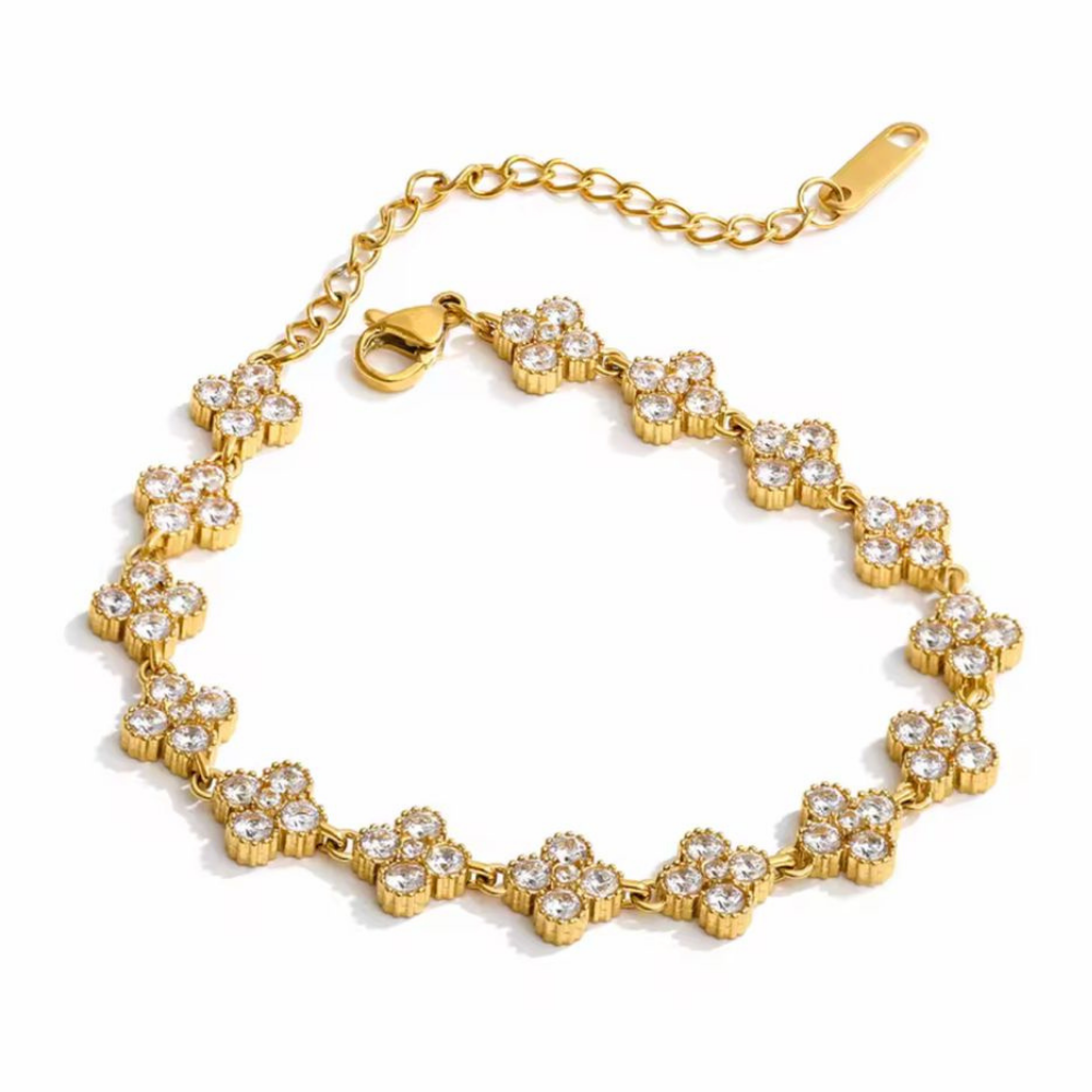 Stainless Steel Crystal Flower Bracelet in Gold displayed over a white background
