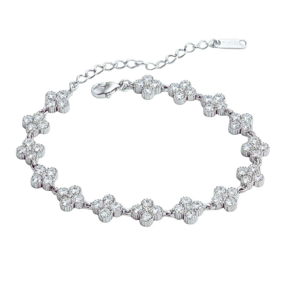 Stainless Steel Crystal Flower Bracelet in Silver displayed over a white background