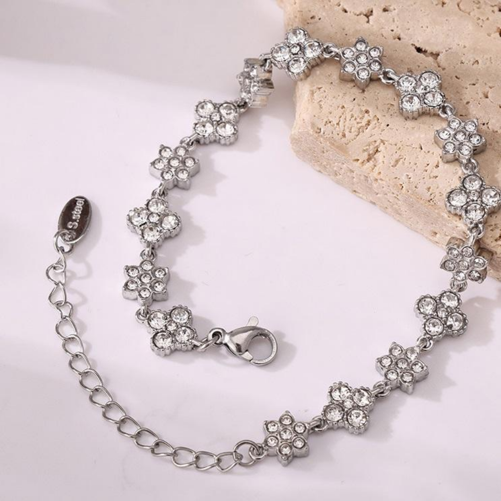 Stainless Steel Crystal Flower Bracelet in Silver