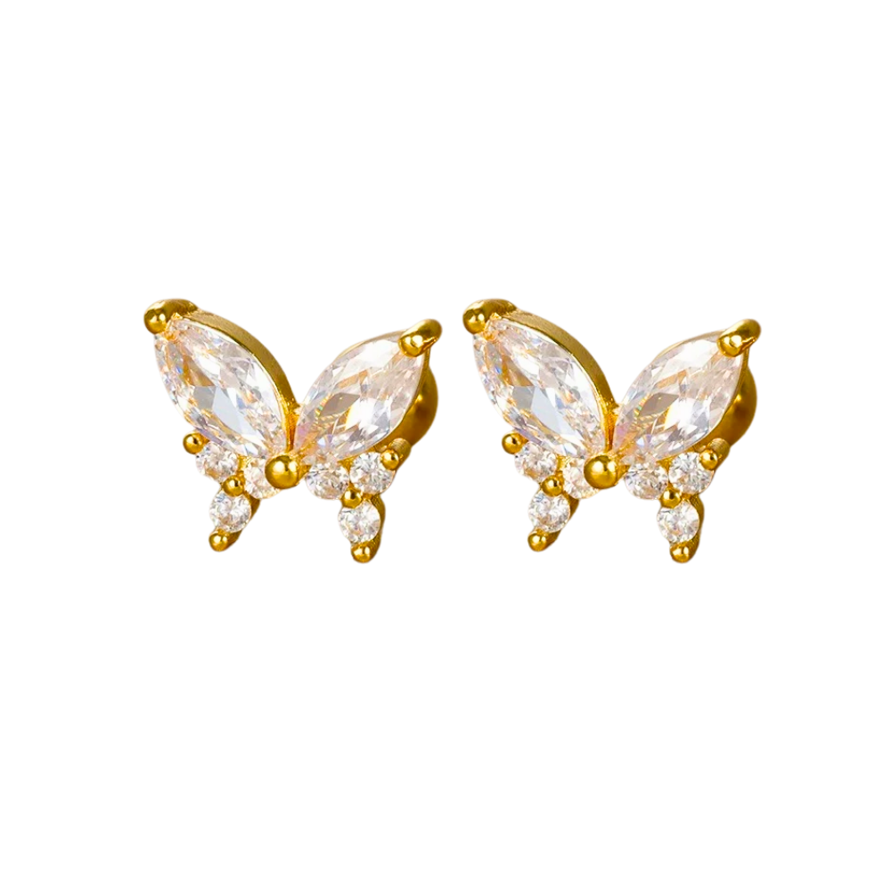 Gold butterfly earrings with clear gemstones on a white background