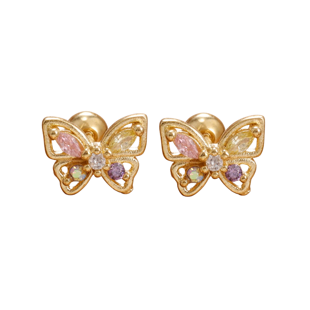 Gold butterfly earrings with gemstones on a white background