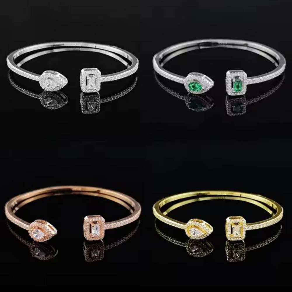 Four Adjustable Tokyo Bangles in Gold, Silver, Silver Green and Rose Gold color displayed over a dark background.