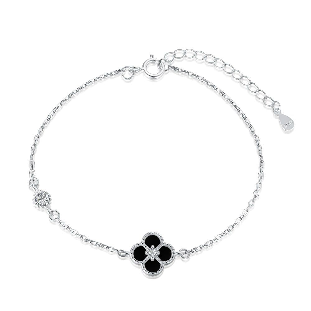 Single Clover Bracelet 5A 925 Sterling Silver in Mother of the Pearl/Black