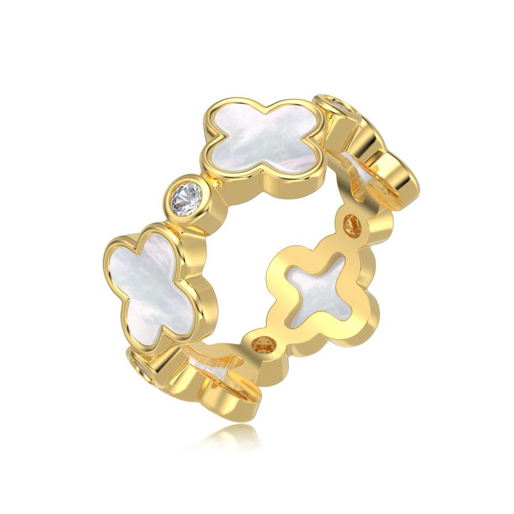 A white shell clover ring with gold plating on sterling silver, with small clear stones accents.