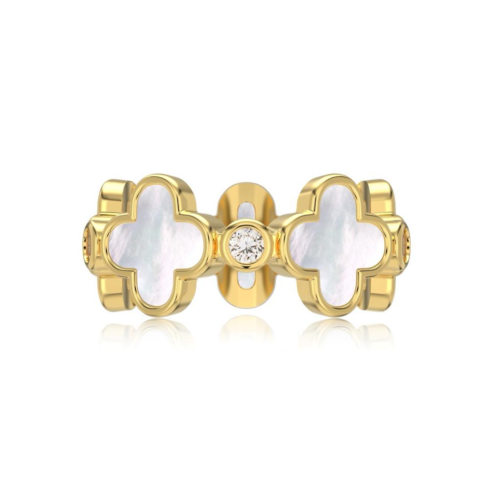 A white shell clover ring with gold plating on sterling silver, with small clear stones accents.