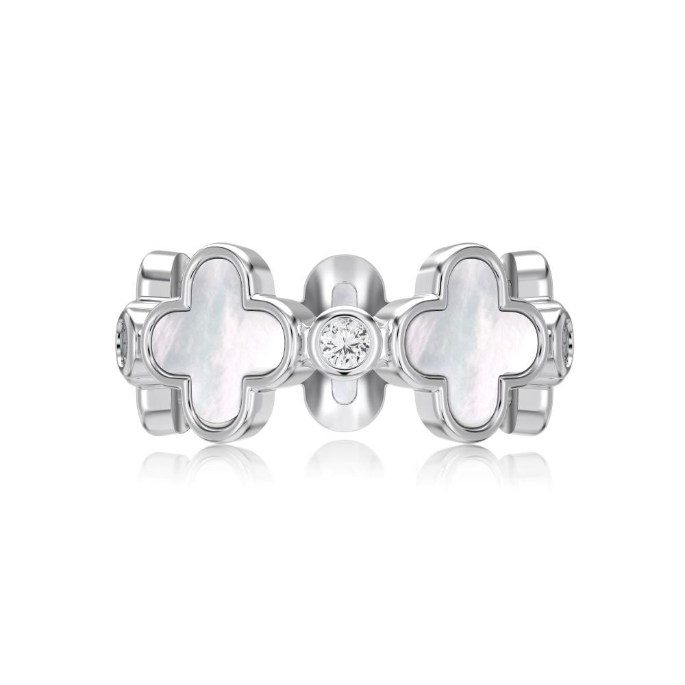 A white shell clover ring with silver plating on sterling silver, with small clear stones accents.
