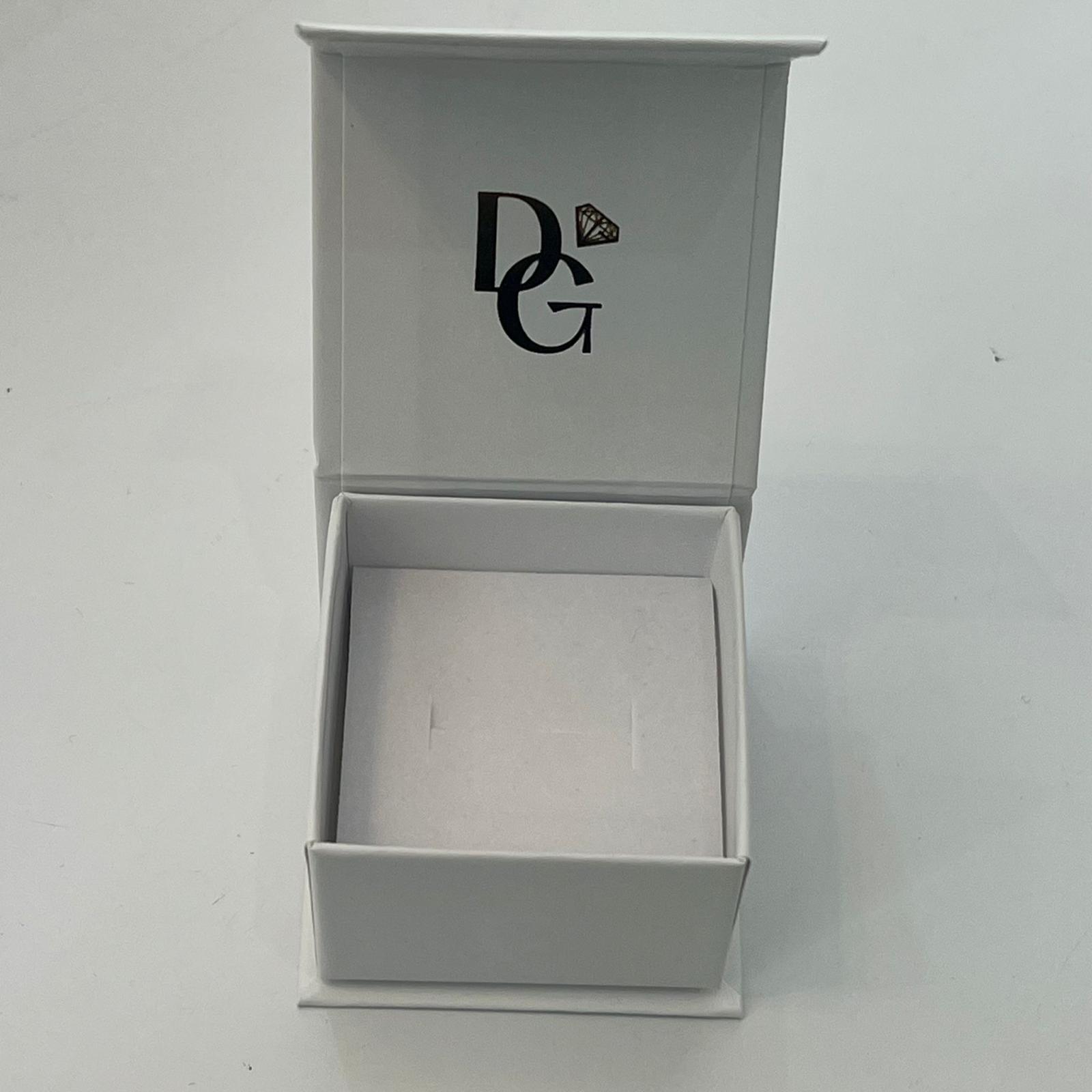 White jewelry box with a logo on a white background