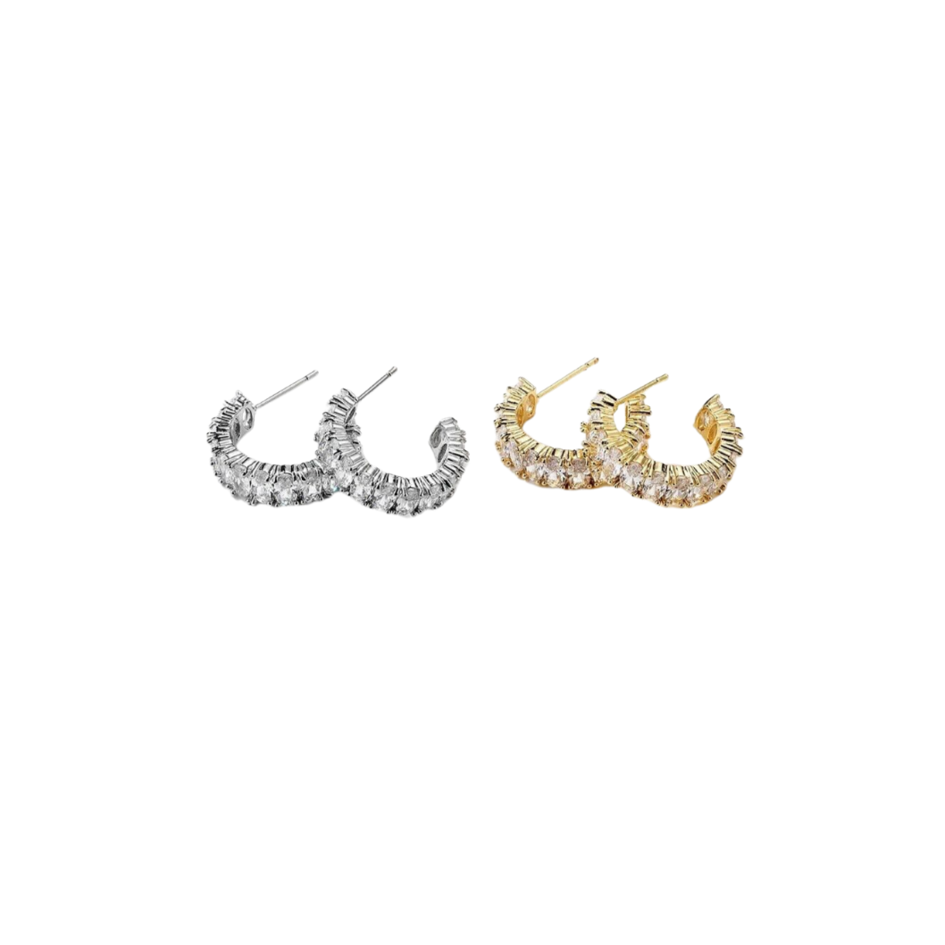 Pair of two gold-plated hoop earrings with silver & gold accents and bullet-clutch back, displayed against a white background.
