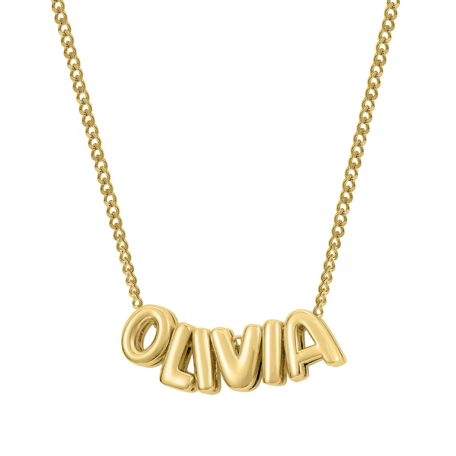 A gold bubble charm necklace spelling out the name OLIVIA.