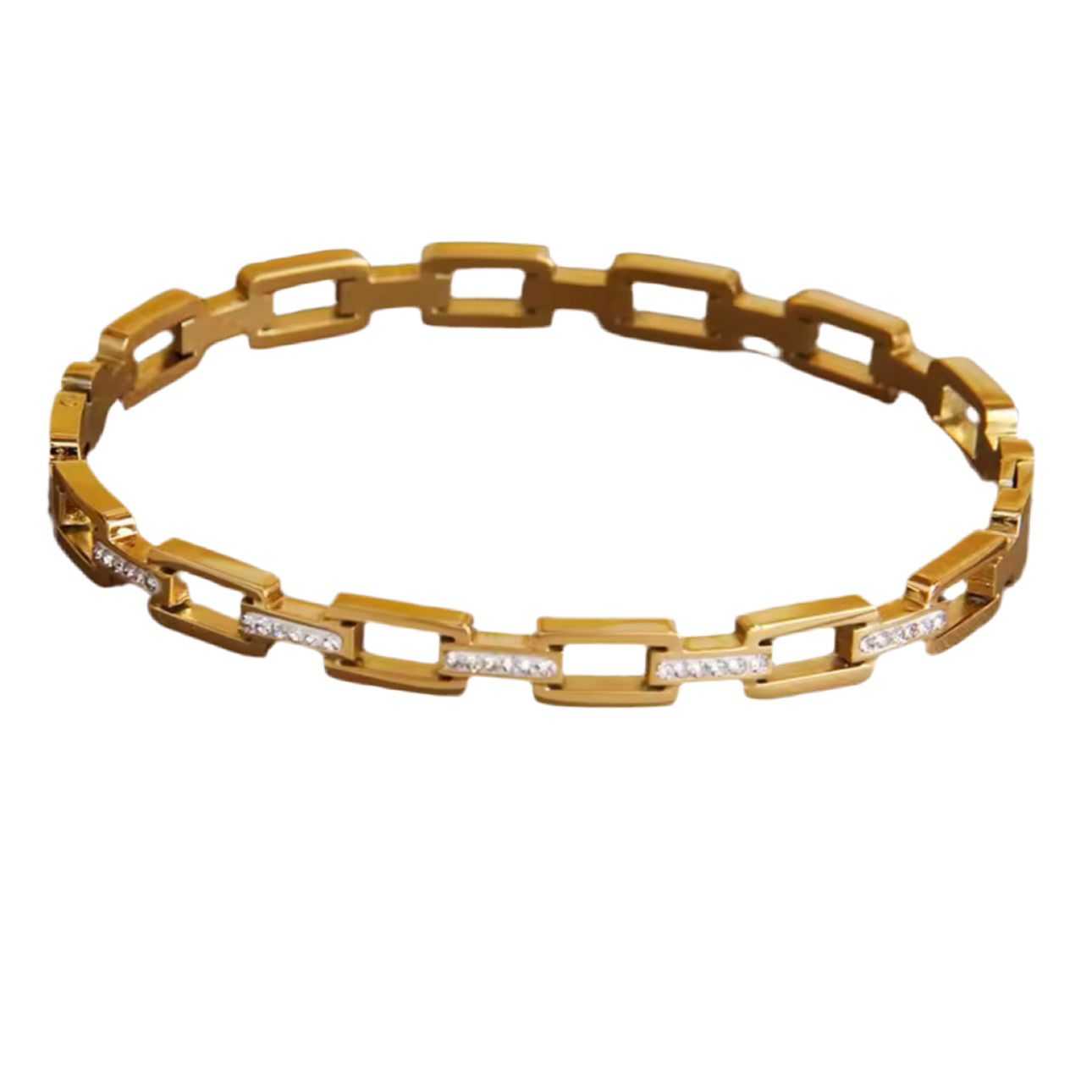 Gold chain bracelet with diamond accents on a white background