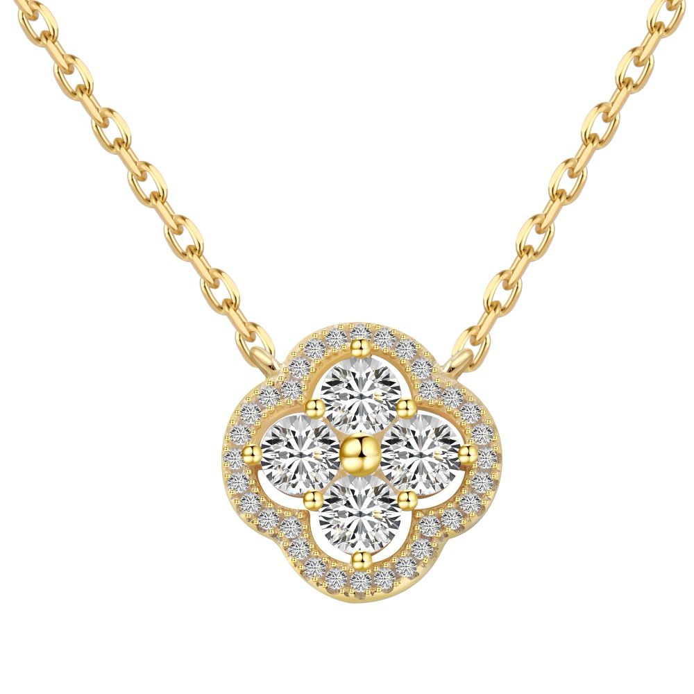 A gold-plated clover necklace with 5A-grade zircon stones on a gold chain.