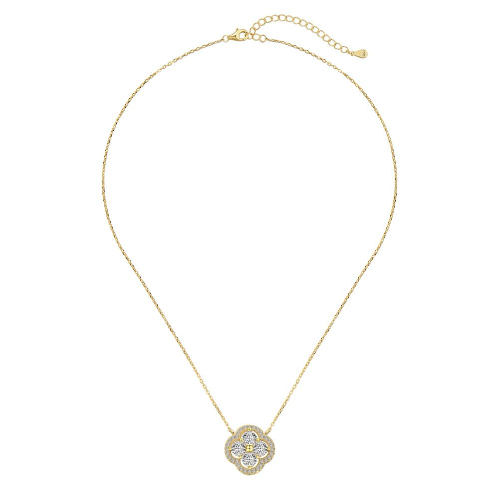 A gold-plated clover necklace with 5A-grade zircon stones on a gold chain.