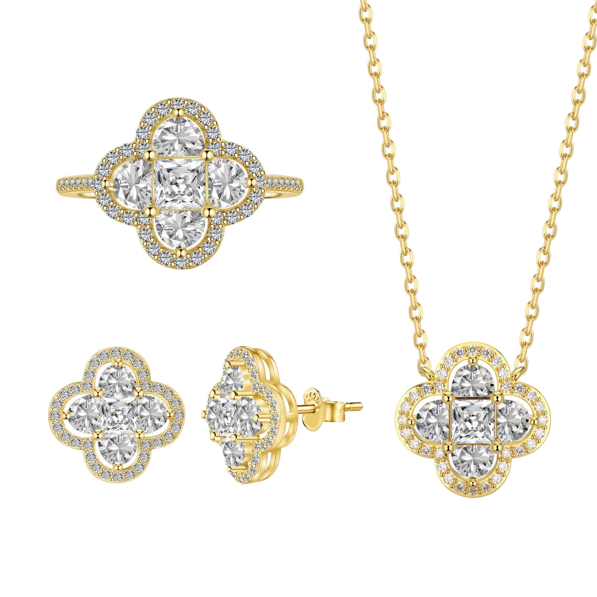 Gold jewelry set with diamond earrings and ring on a white background