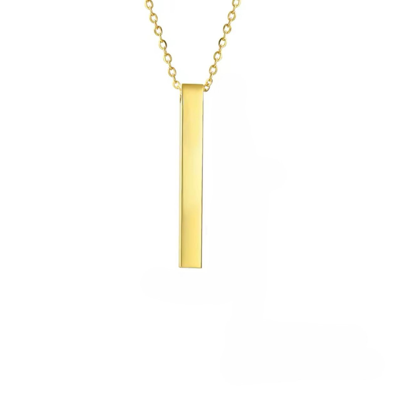 A gold-plated bar necklace with engraved names on it, displayed on a white background.