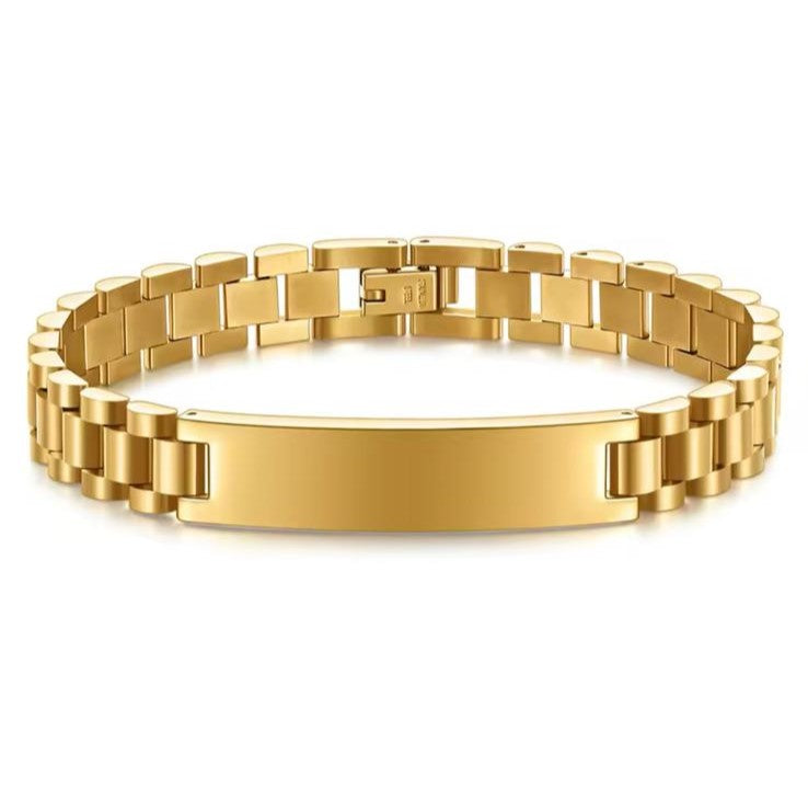 A gold-colored stainless steel bracelet with an engraved bar pendant in the center.