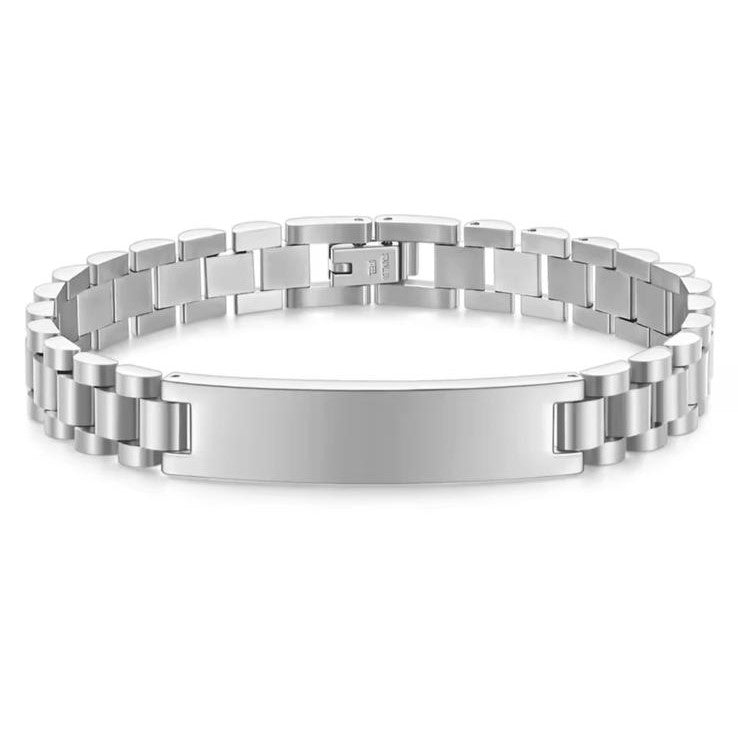 Silver stainless steel bracelet with an engraved bar pendant in the center.