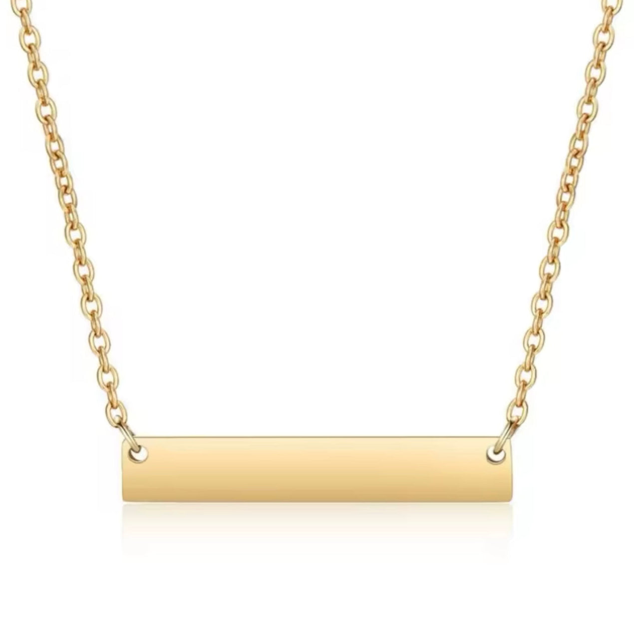 A gold horizontal bar necklace with a chain link on a white background.