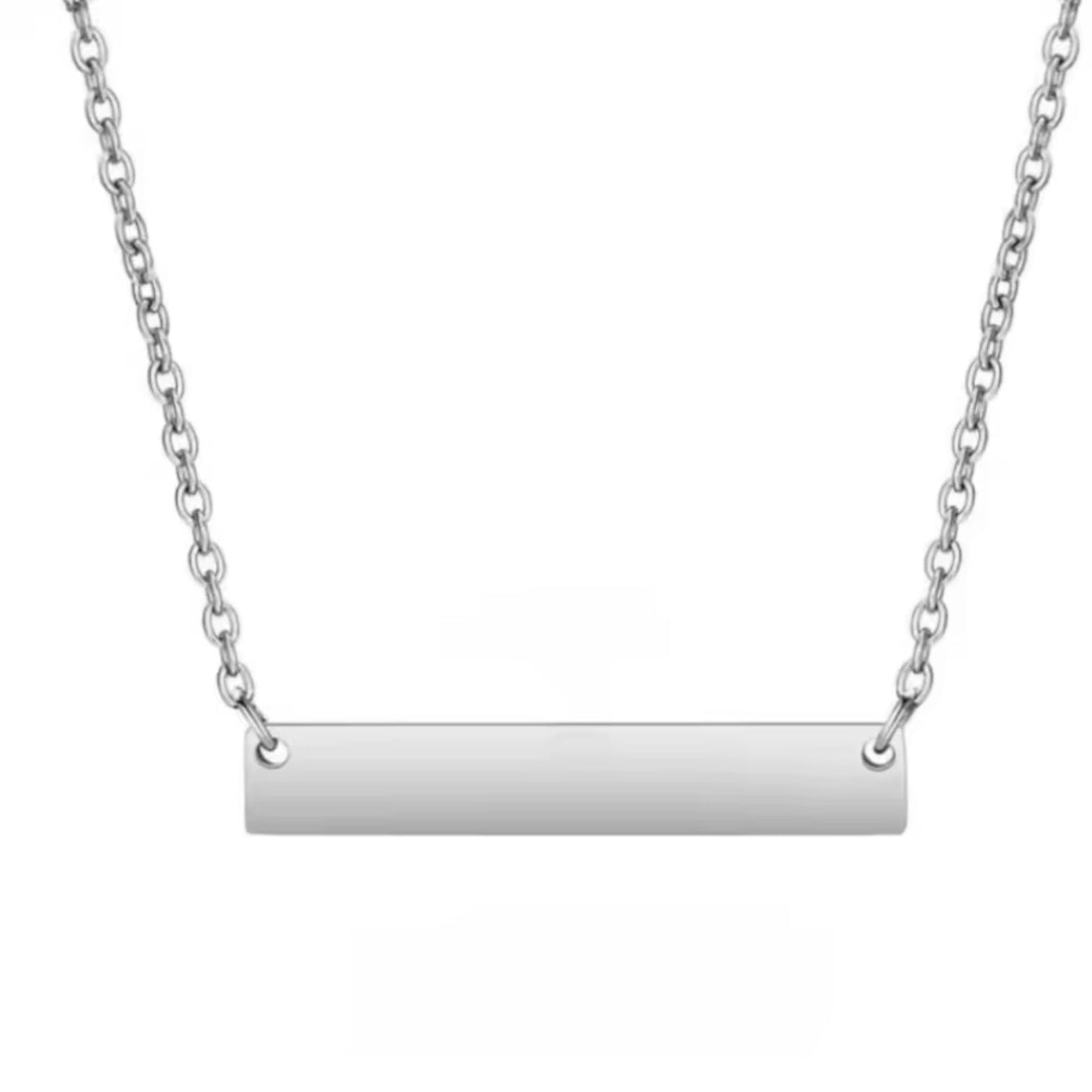 A silver horizontal bar necklace with a chain link on a white background.