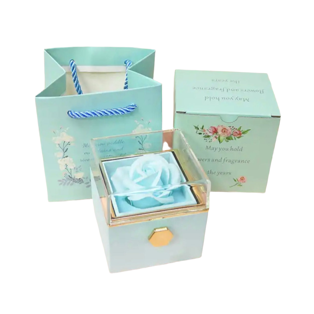 Rotatable gift box with a preserved blue rose inside, displayed alongside its packaging boxes.