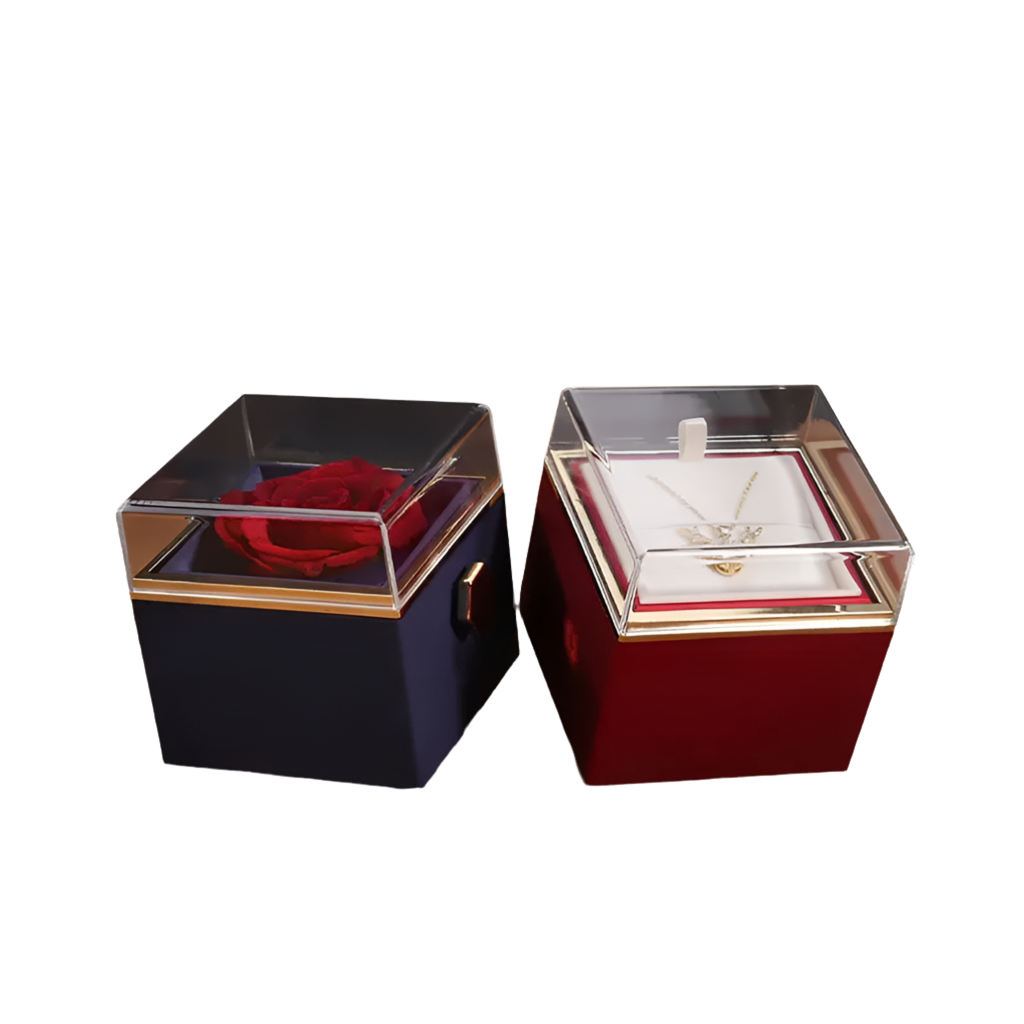 Rotatable gift box with a preserved red rose inside, displayed alongside a necklace box.