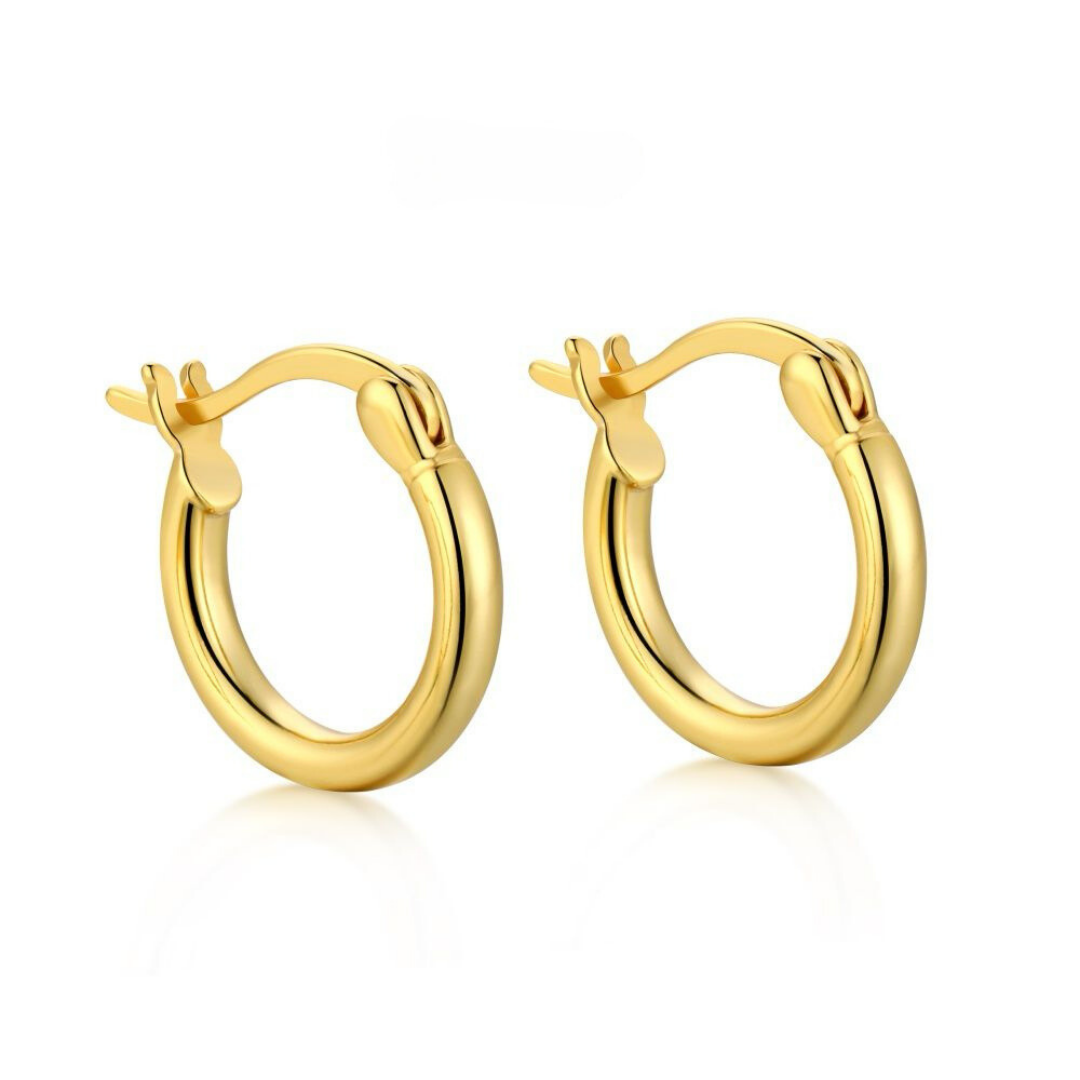 A pair of gold hoop earrings made of 925 sterling silver with 18k gold plating, displayed against a white background.