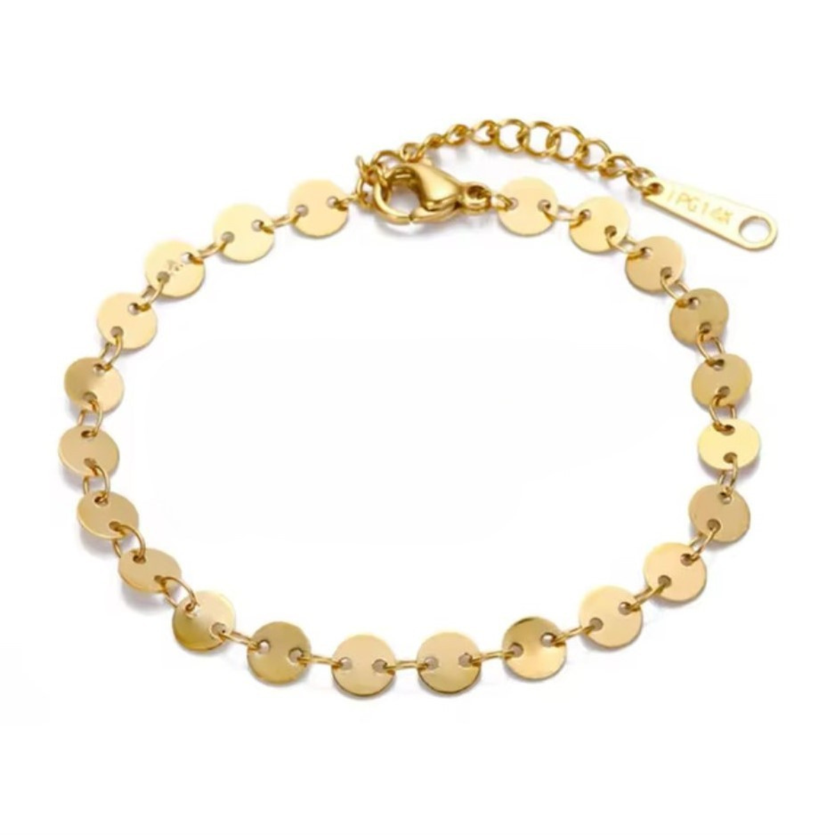 A Golden Stainless Steel Disc Designed Bracelet on a white background.