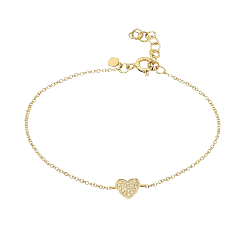 Gold bracelet with a heart-shaped charm on a white background