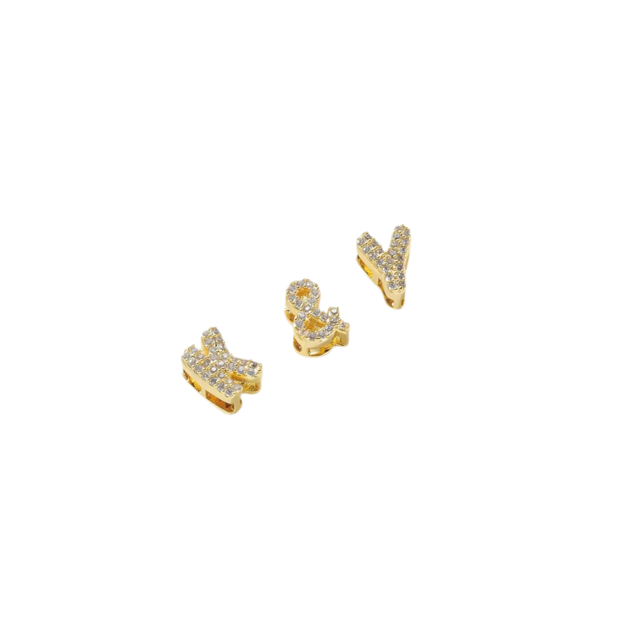 Personalized bubble letters for charm necklace in gold tone, displaying charms.