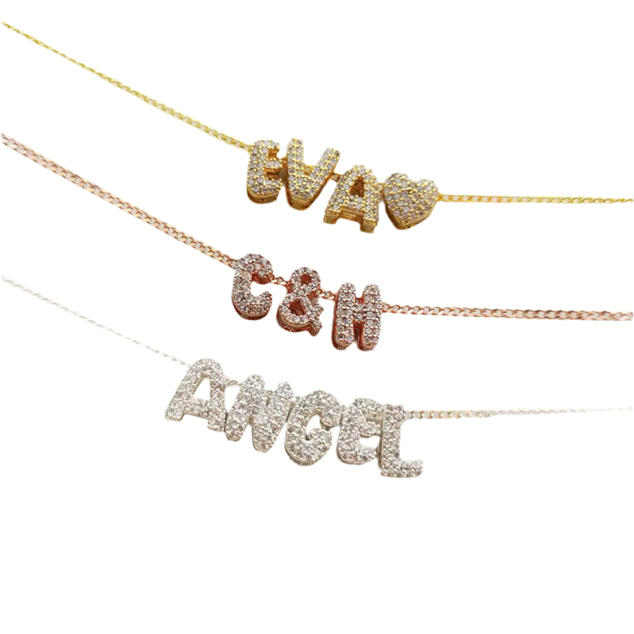 Three personalized bubble letter charm necklaces in gold, silver and bronze tone, with each necklace displaying charms in different sizes and styles.