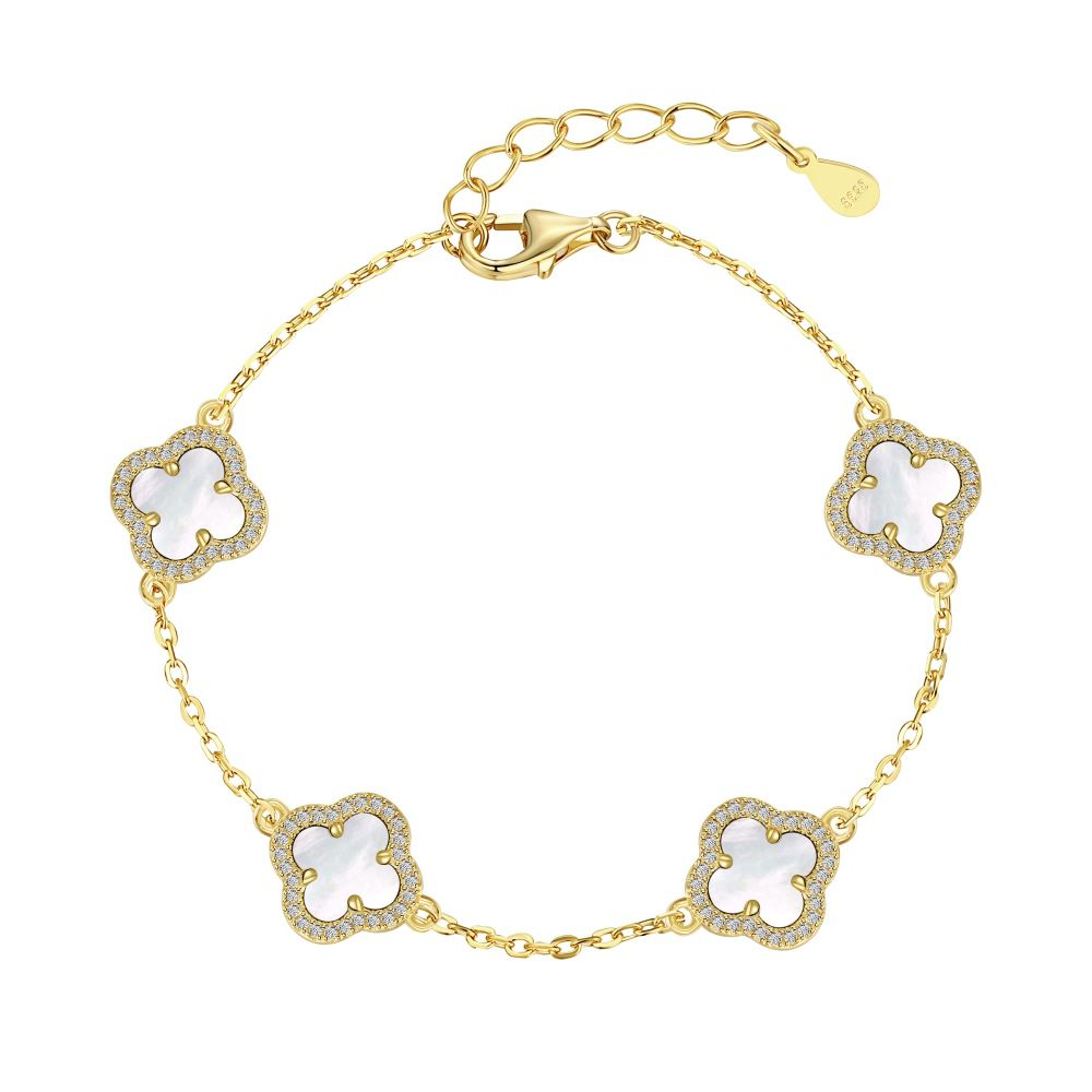 A gold-plated bracelet featuring a clover design with white shell accents on a sterling silver gold chain.