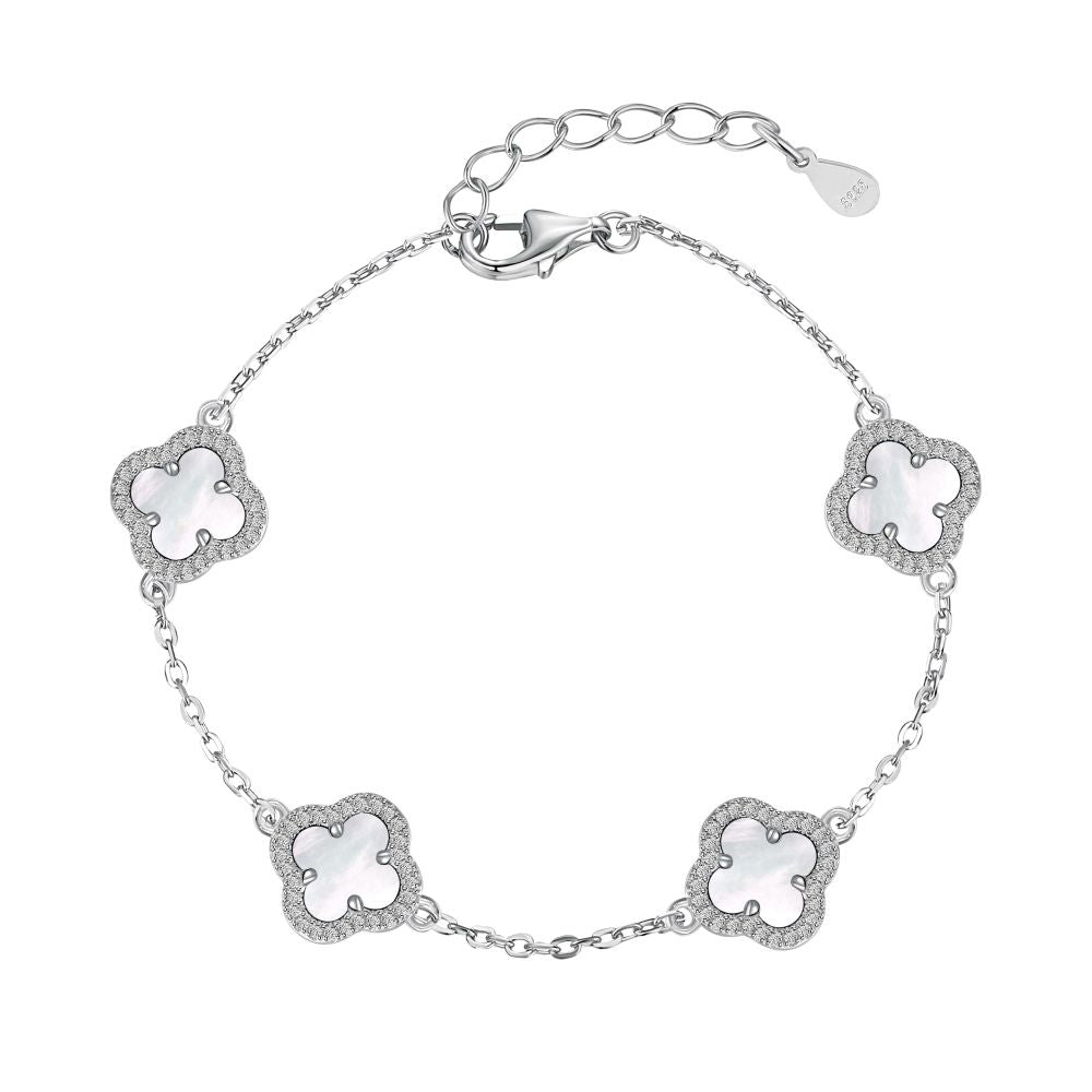 A silver-plated bracelet featuring a clover design with white shell accents on a sterling silver chain.