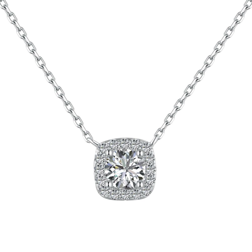 A sterling silver pendant necklace with a central sparkling stone surrounded by smaller stones, attached to a rhodium-plated chain.