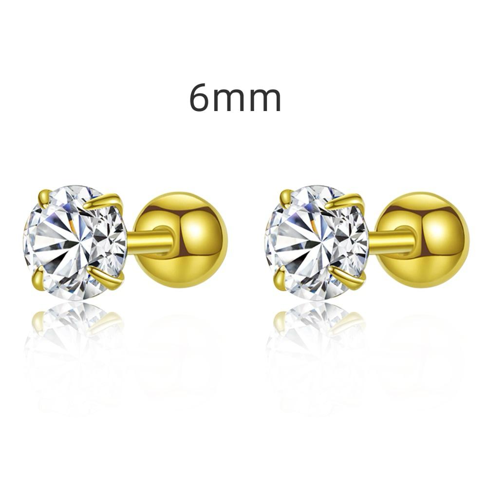 A pair of 6mm gold-plated barbell stud earrings featuring a clear, faceted gemstone on the end.