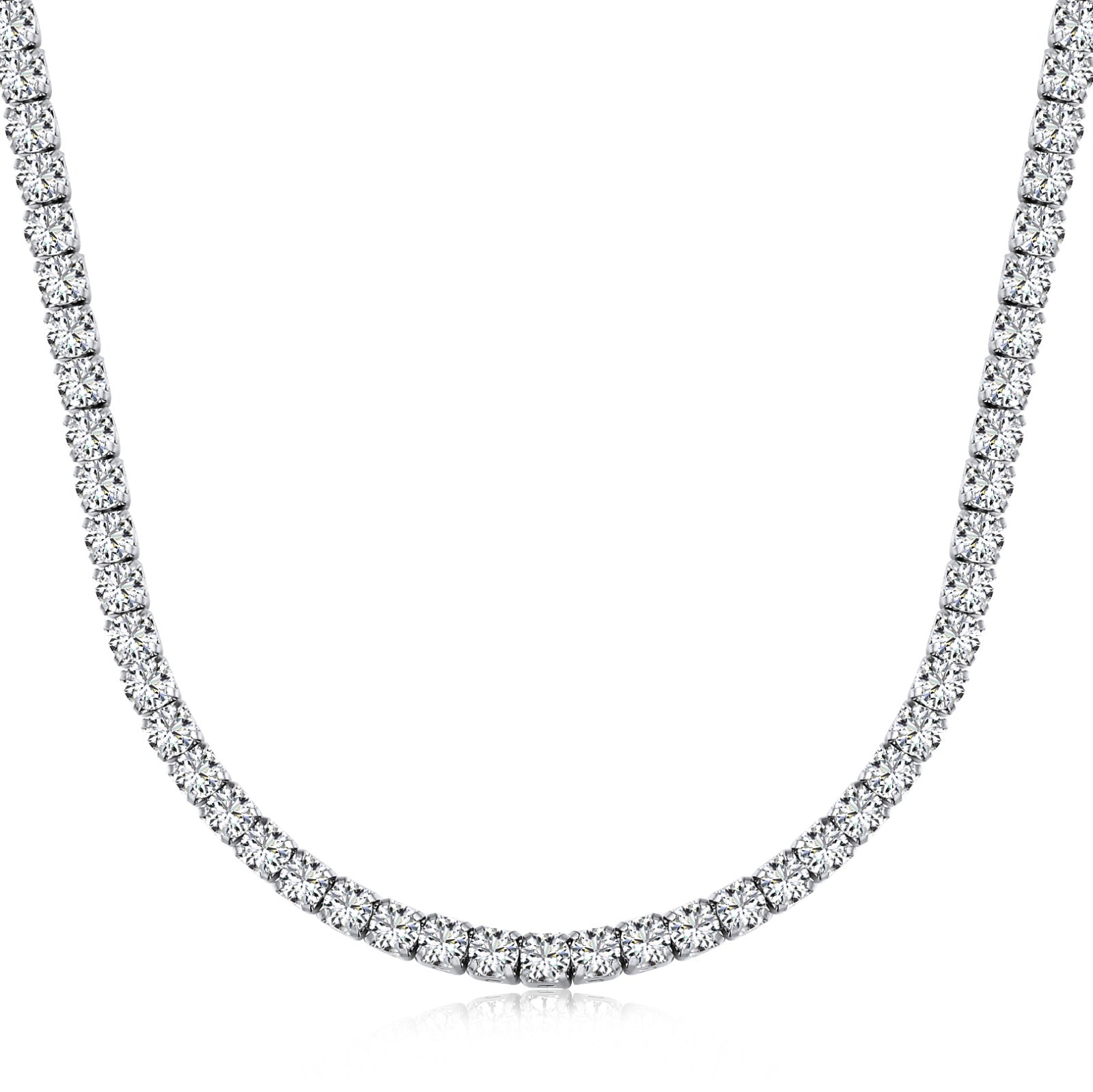 A tennis necklace with round shaped clear zircon stones set in sterling silver.
