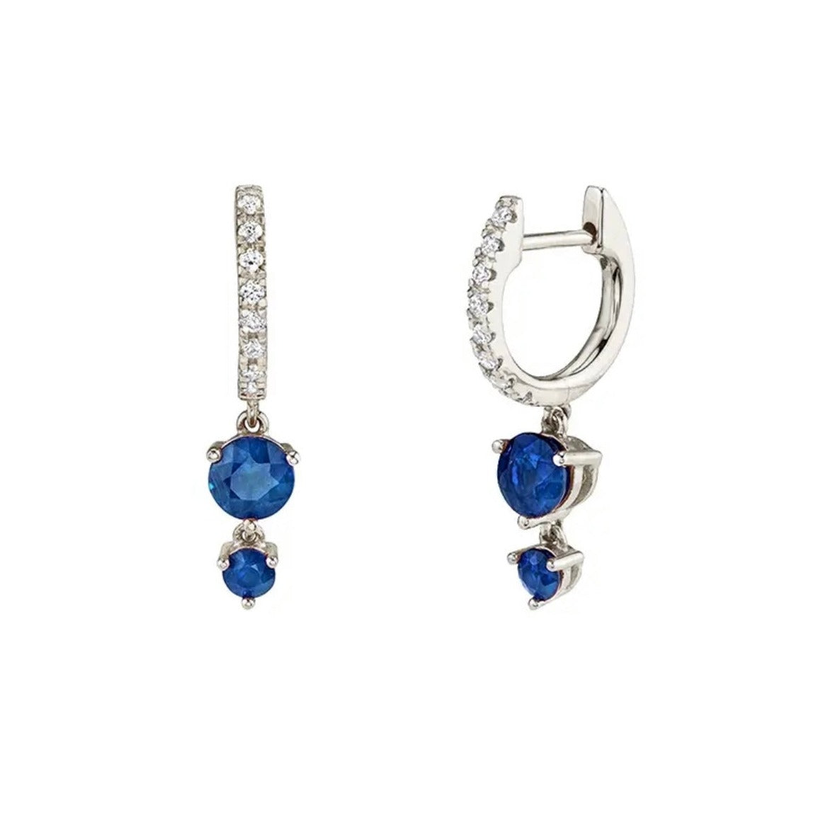 A pair of Sienna Huggie Hoop Drop Earrings in blue color gemstones, in silver-tone settings displayed on white background.
