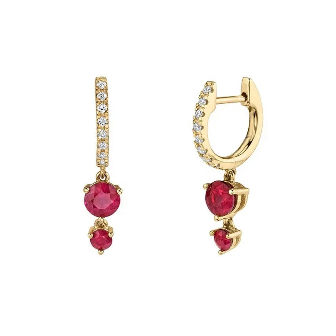 A pair of Sienna Huggie Hoop Drop Earrings in red color gemstones, in gold-tone settings displayed on white background.