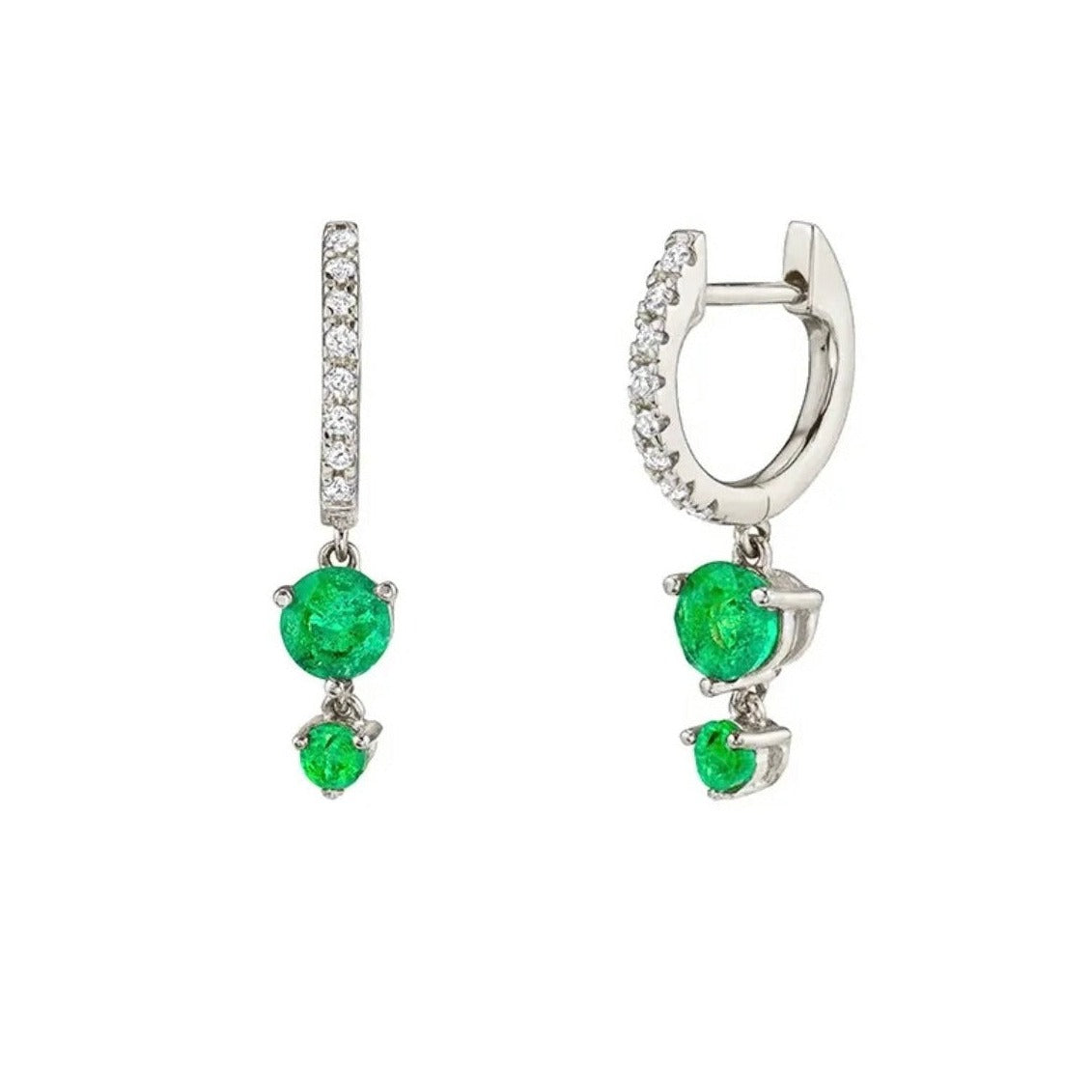 A pair of Sienna Huggie Hoop Drop Earrings in green color gemstones, in silver-tone settings displayed on white background.